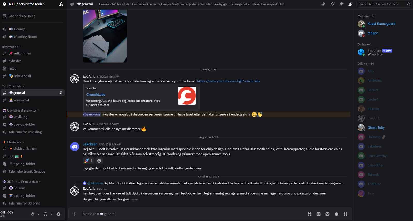 A.I.I.s Discord med kanaler for elektronik, PCB, 3D-print og projektudvikling
