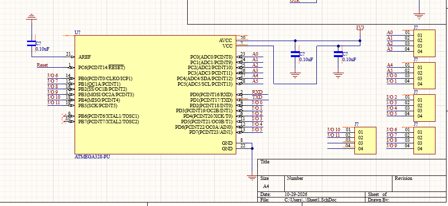 ATmega328P mikrocontroller med forsyning, afkobling, analoge pins og digitale I/O-stik